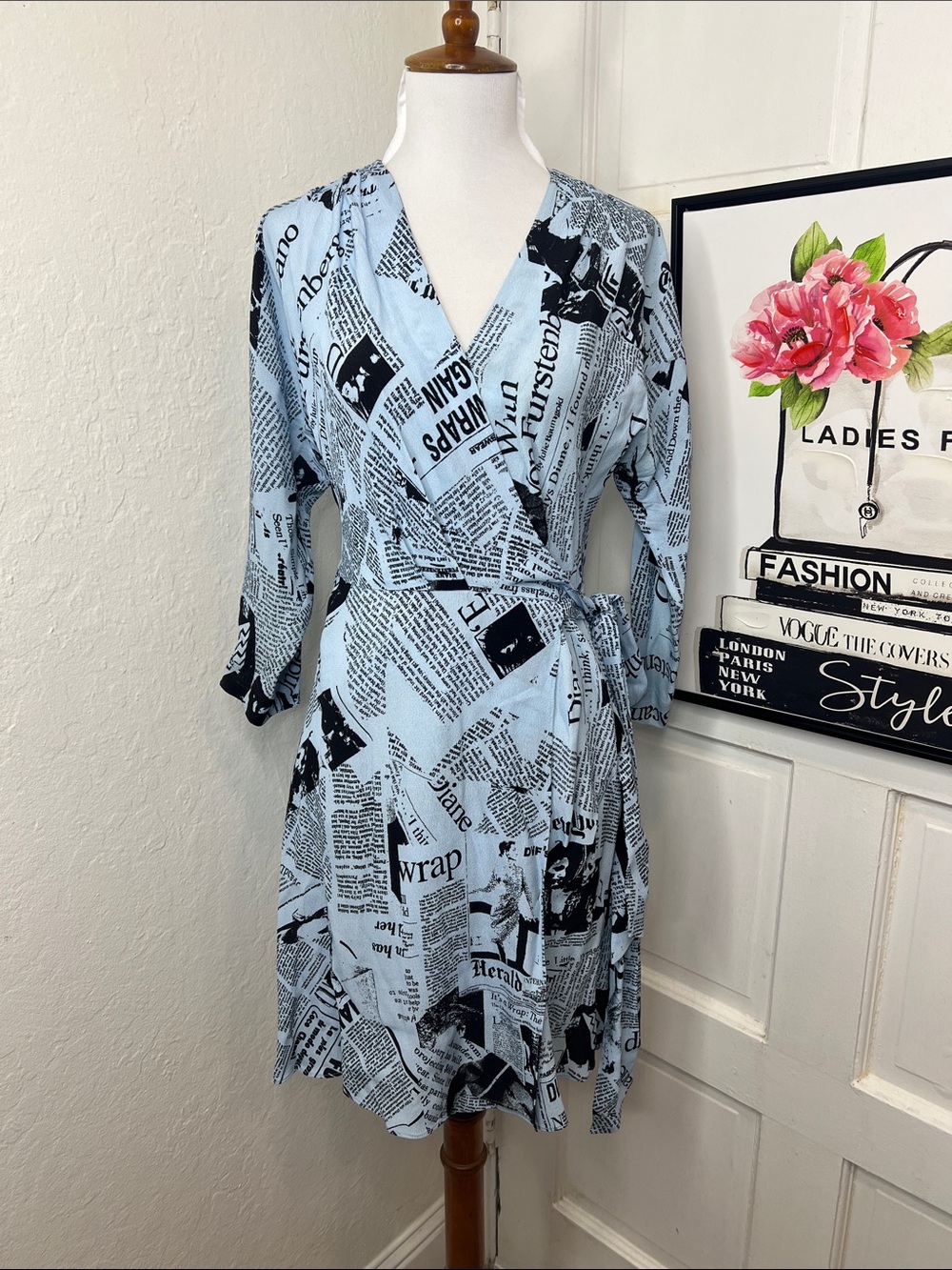 Diane Von Furstenberg Light Blue and Black Newspaper Print Wrap Dress - Picture 2 of 9